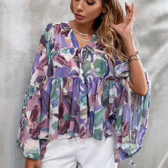 Bellanblue Tops - Boho Floral Purple Tie Babydoll Long Sleeve Top